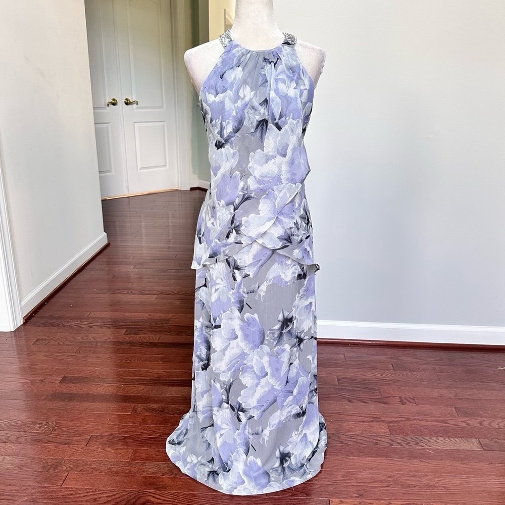 SLNY Blue Floral Metallic Beaded Embellished Trim Layered Tiered Maxi Dress